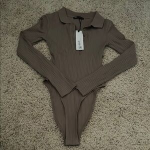 Zara Ribbed Long Sleeve Bodysuit in Taupe